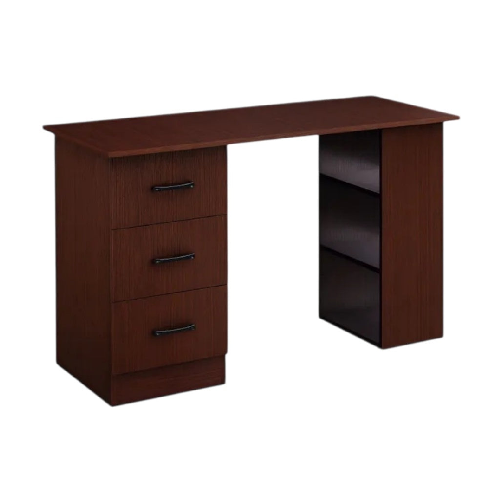 **Bureau en bois avec trois tiroirs et étagère ouverte**