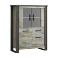 **Meuble de rangement en bois avec portes vitrées et tiroirs**