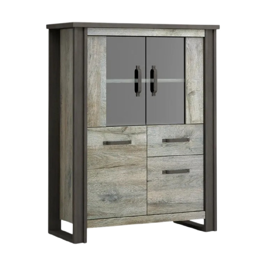 **Meuble de rangement en bois avec portes vitrées et tiroirs**