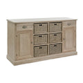 **Buffet en bois clair avec paniers en osier intégrés**