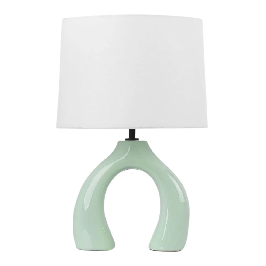 **Lampe de table en céramique verte avec abat-jour blanc, design moderne**