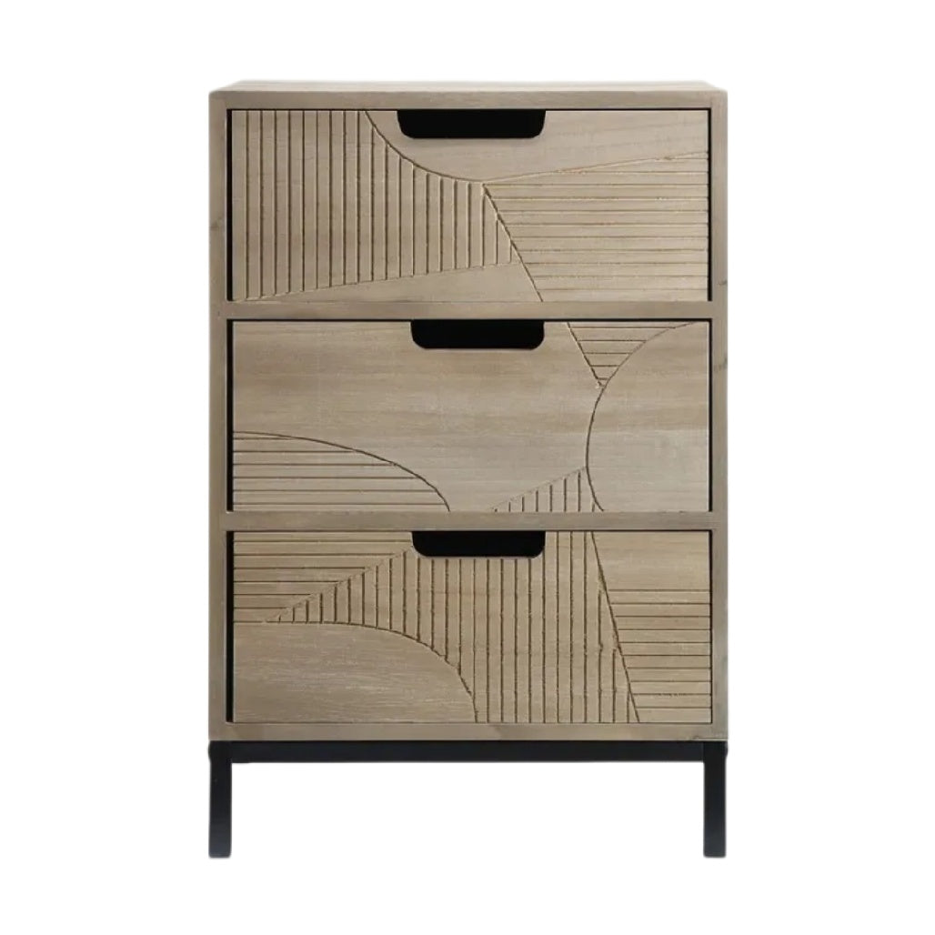 **Commode en bois avec motif géométrique et pieds en métal**