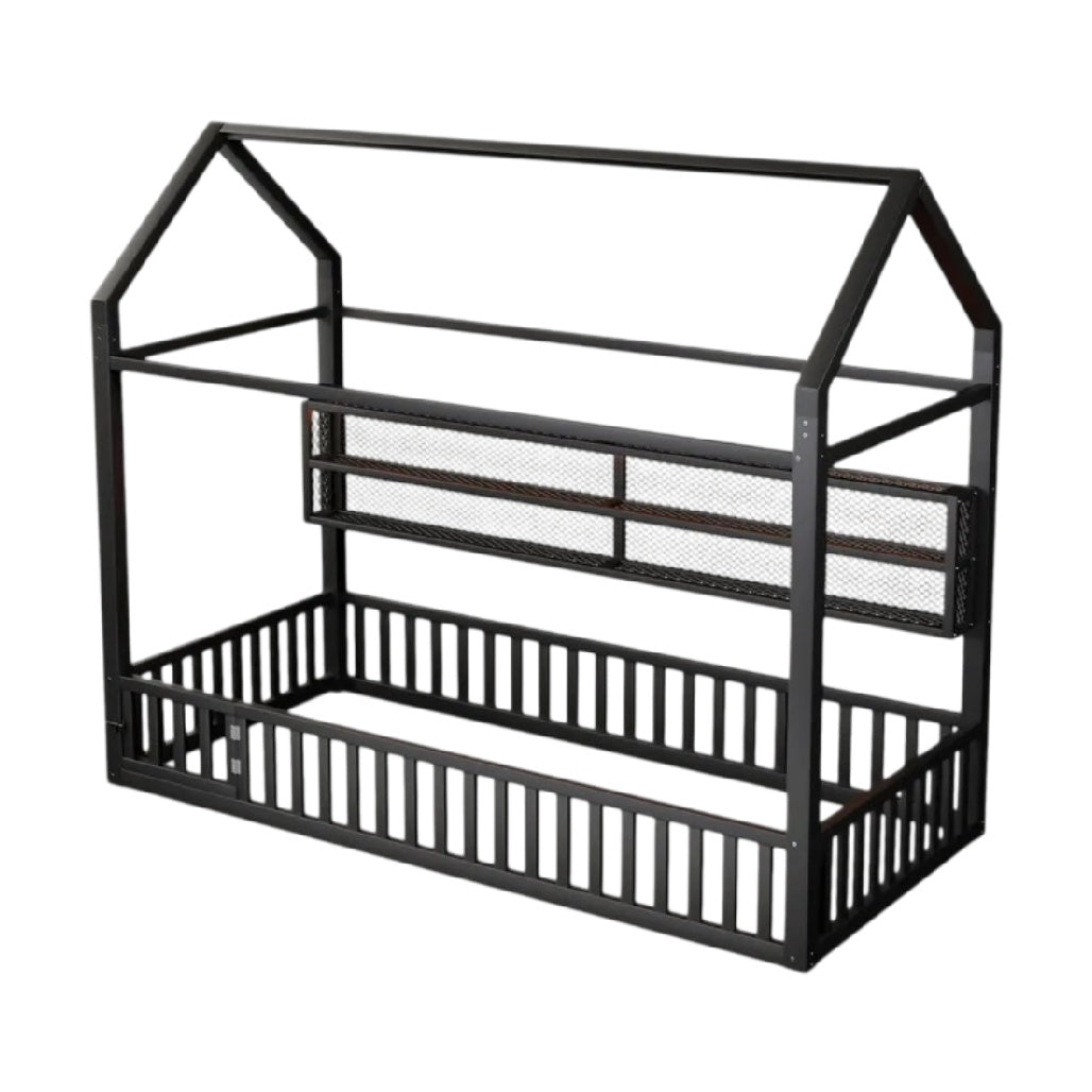 **Structure de lit en métal avec design maison et barrières de sécurité**